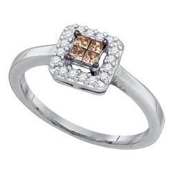 0.25 CTW Princess Cognac-brown Color Diamond Halo Ring 10KT White Gold - REF-19F4N