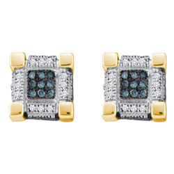 0.28 CTW Mens Blue Color Diamond Cube Square 3D Cluster Earrings 10KT Yellow Gold - REF-22F4N