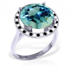 Genuine 8 ctw Blue Topaz, White & Black Diamond Ring Jewelry 14KT White Gold - REF-93K3V