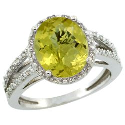 Natural 3.47 ctw Lemon-quartz & Diamond Engagement Ring 10K White Gold - REF-33K6R