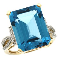 Natural 12.14 ctw Swiss-blue-topaz & Diamond Engagement Ring 14K Yellow Gold - REF-66X2A