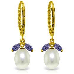 Genuine 9 ctw Tanzanite & Pearl Earrings Jewelry 14KT Yellow Gold - REF-47H3X