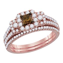 1.07 CTW Cognac-brown Diamond Princess Halo Bridal Ring 14KT Rose Gold - REF-124W4K