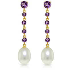 Genuine 10 ctw Amethyst & Pearl Earrings Jewelry 14KT Yellow Gold - REF-32T4A