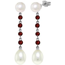 Genuine 11 ctw Pearl & Garnet Earrings Jewelry 14KT White Gold - REF-28V8W