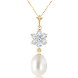 Genuine 4.53 ctw Pearl, Aquamarine & Diamond Necklace Jewelry 14KT Yellow Gold - REF-30R2P