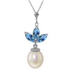 Genuine 4.75 ctw Blue Topaz & Pearl Necklace Jewelry 14KT White Gold - REF-24H3X