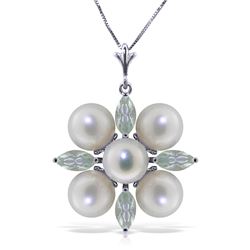 Genuine 6.3 ctw Aquamarine & Pearl Necklace Jewelry 14KT White Gold - REF-60Y4F