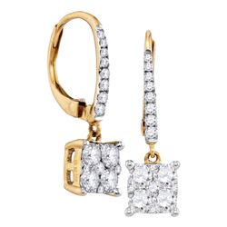 0.85 CTW Cluster Diamond Square-shape Dangle Hoop Earrings 18KT Yellow Gold - REF-149W9K