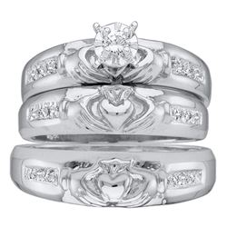 0.14 CTW His & Hers Diamond Claddagh Matching Bridal Ring 14KT White Gold - REF-57F2N