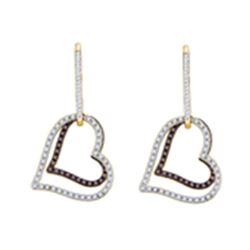 0.55 CTW Cognac-brown Color Diamond Dangle Double Heart Earrings 10KT Yellow Gold - REF-49K5W