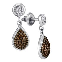 0.50 CTW Cognac-brown Color Diamond Teardrop Dangle Earrings 10KT White Gold - REF-24F2N