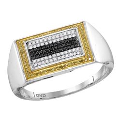 0.26 CTW Mens Black Yellow Color Diamond Rectangle Cluster Ring 10KT White Gold - REF-34F4N