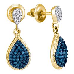 0.50 CTW Blue Color Diamond Teardrop Dangle Earrings 10KT Yellow Gold - REF-25K4W