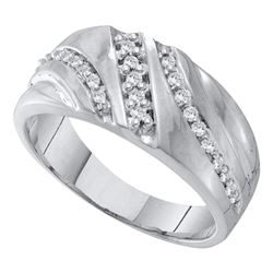 0.25 CTW Mens Prong-set Diamond Triple Row Wedding Ring 10KT White Gold - REF-26N9F