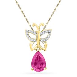 2.82 CTW Pear Created Pink Sapphire Butterfly Bug Pendant 10KT Yellow Gold - REF-16N4F