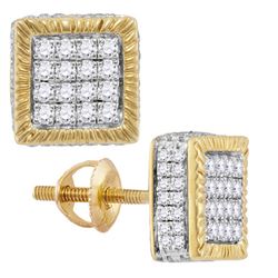 0.75 CTW Mens Diamond Square 3D Cluster Stud Earrings 10KT Yellow Gold - REF-52M4H