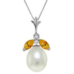 Genuine 4.5 ctw Pearl & Citrine Necklace Jewelry 14KT White Gold - REF-24K3V