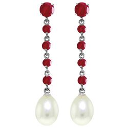 Genuine 10 ctw Ruby & Pearl Earrings Jewelry 14KT White Gold - REF-37F8Z