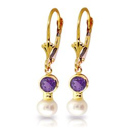 Genuine 5.2 ctw Amethyst & Pearl Earrings Jewelry 14KT Yellow Gold - REF-35T9A