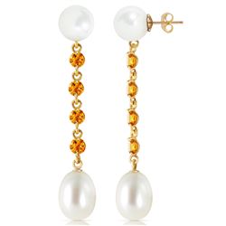 Genuine 11 ctw Pearl & Citrine Earrings Jewelry 14KT Yellow Gold - REF-28M8T