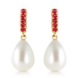 Genuine 8.4 ctw Pearl & Ruby Earrings Jewelry 14KT Yellow Gold - REF-25F6Z