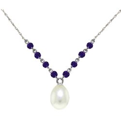 Genuine 5 ctw Pearl & Amethyst Necklace Jewelry 14KT White Gold - REF-25N4R