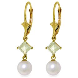 Genuine 5 ctw White Pearl & Aquamarine Earrings Jewelry 14KT Yellow Gold - REF-32W2Y