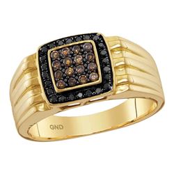 0.45 CTW Mens Cognac-brown Black Color Diamond Ring 10KT Yellow Gold - REF-41M9H