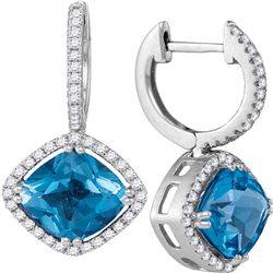 5.57 CTW Cushion Natural Blue Topaz Diamond Dangle Earrings 14KT White Gold - REF-115N4F