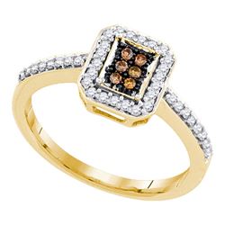 0.25 CTW Cognac-brown Color Diamond Square Cluster Ring 10KT Yellow Gold - REF-19H4M