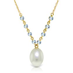 Genuine 5 ctw Pearl & Aquamarine Necklace Jewelry 14KT Yellow Gold - REF-26X9M