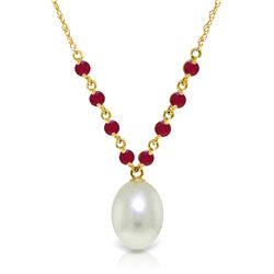 Genuine 5 ctw Pearl & Ruby Necklace Jewelry 14KT Yellow Gold - REF-28H4X