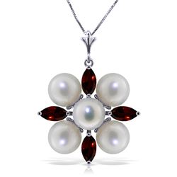 Genuine 6.3 ctw Garnet & Pearl Necklace Jewelry 14KT White Gold - REF-59K2V