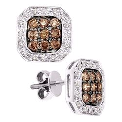 0.75 CTW Cognac-brown Color Diamond Square Cluster Stud Earrings 14KT White Gold - REF-64N4F