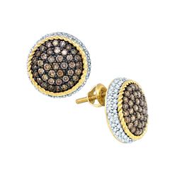 1.3 CTW Cognac-brown Color Diamond Roped Cluster Earrings 10KT Yellow Gold - REF-67N4F