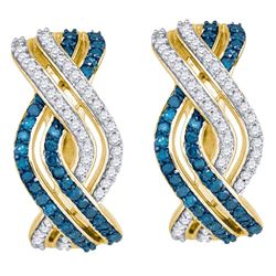 0.60 CTW Blue Color Diamond Entwined Woven Hoop Earrings 10KT Yellow Gold - REF-40K4W