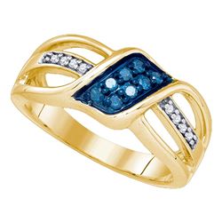 0.20 CTW Blue Color Diamond Crossover Ring 10KT Yellow Gold - REF-25M4H