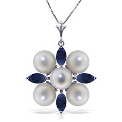 Genuine 6.3 ctw Sapphire & Pearl Necklace Jewelry 14KT White Gold - REF-63K4V