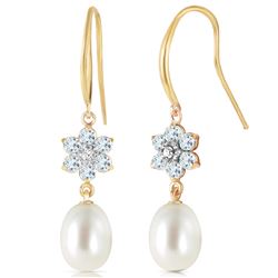 Genuine 9.01 ctw Aquamarine, Pearl & Diamond Earrings Jewelry 14KT Yellow Gold - REF-45T3A