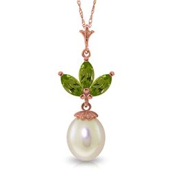 Genuine 4.75 ctw Peridot & Pearl Necklace Jewelry 14KT Rose Gold - REF-24F3Z