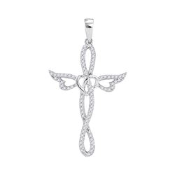 0.20 CTW Diamond Cross Heart Winged Pendant 10KT White Gold - REF-19X4Y