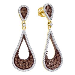 1 CTW Cognac-brown Color Diamond Teardrop Dangle Earrings 10KT Yellow Gold - REF-75K2W