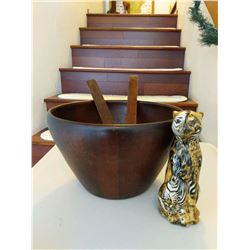 Walnut Salad Bowl with Spoons and Cheeta Figurine