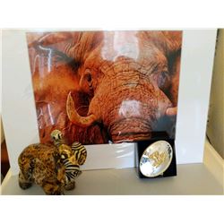Montana Silversmith Belt Bucket, Elephant Photo and Elephant Figurine