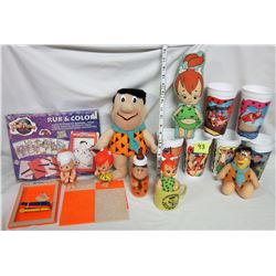 Flinstone lot - 1993 Rub and color set. Assorted plush dolls. Coffee cup & baby bottle.