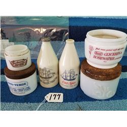 6 Milk Glass Drugstore Containers with Adv