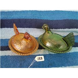 Green and Amber Glass Hen on a Nest