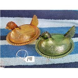 Green and Amber Glass Hen on A nNest