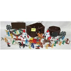 Assorted vintage Western plastic. house, corral, fence, buckboard, cowboys, indians, horses, teepees